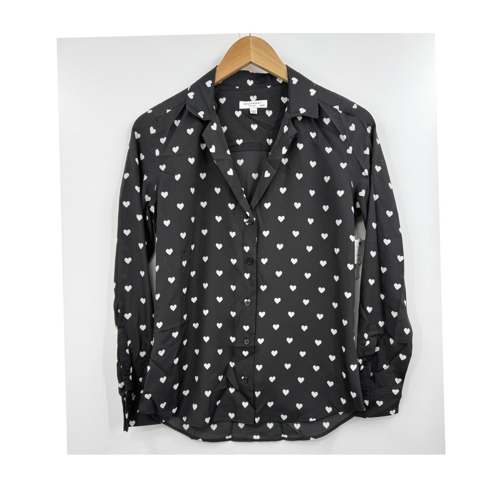 Equipment Femme XS Black Button Down Shirt White Heart Print Long Sleeve